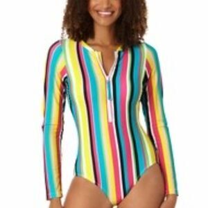 NWT Anne Cole Multi Color Neon Stripes Half Zip Rash Guard One Piece Swim 14